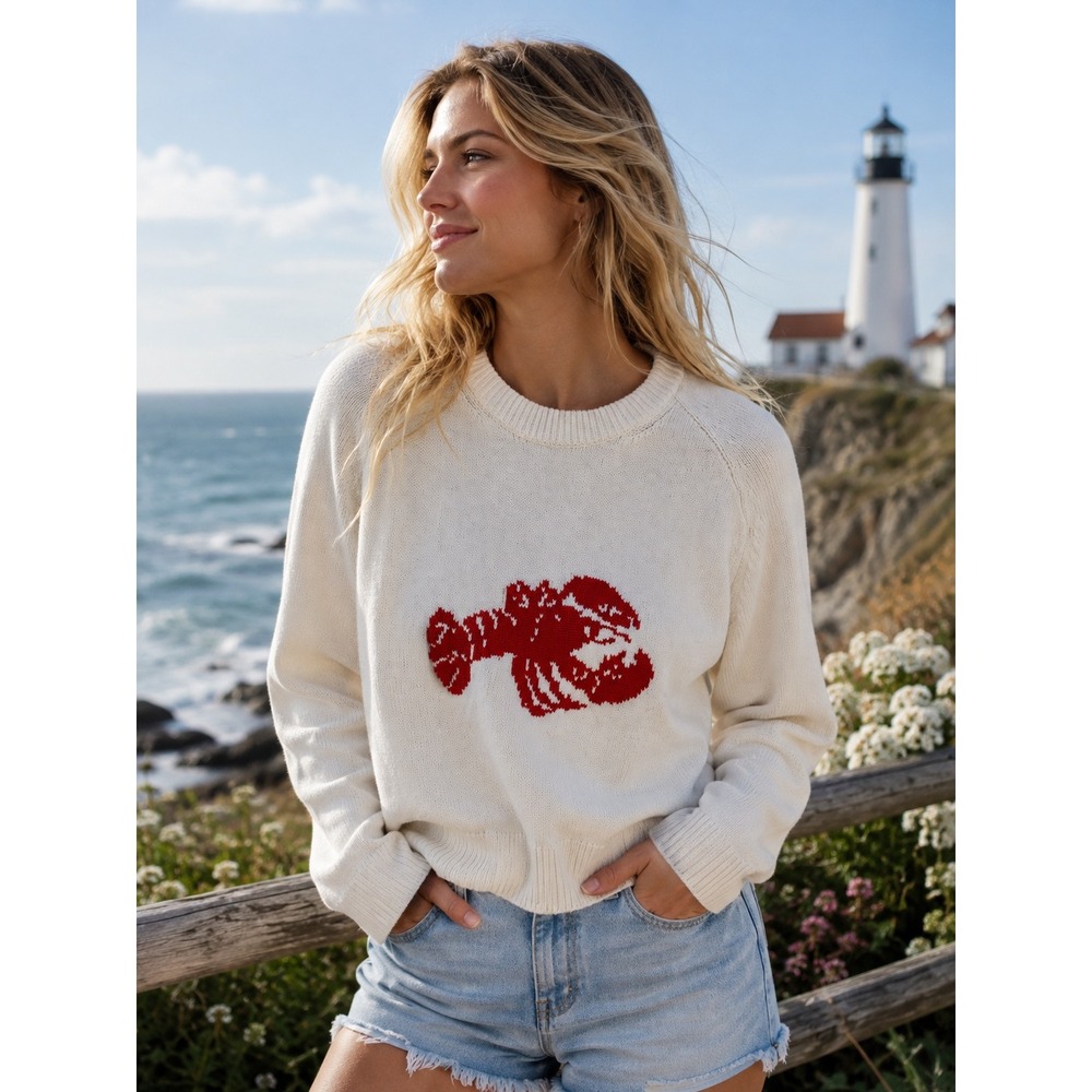 Abercrombie & Fitch Womens Cream Red Lobster Intarsia Cotton Blend Sweater Small